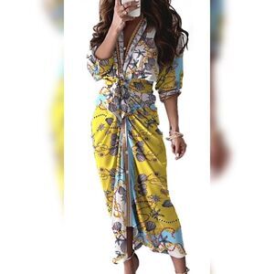 Floral Yellow and Blue Wrap Dress